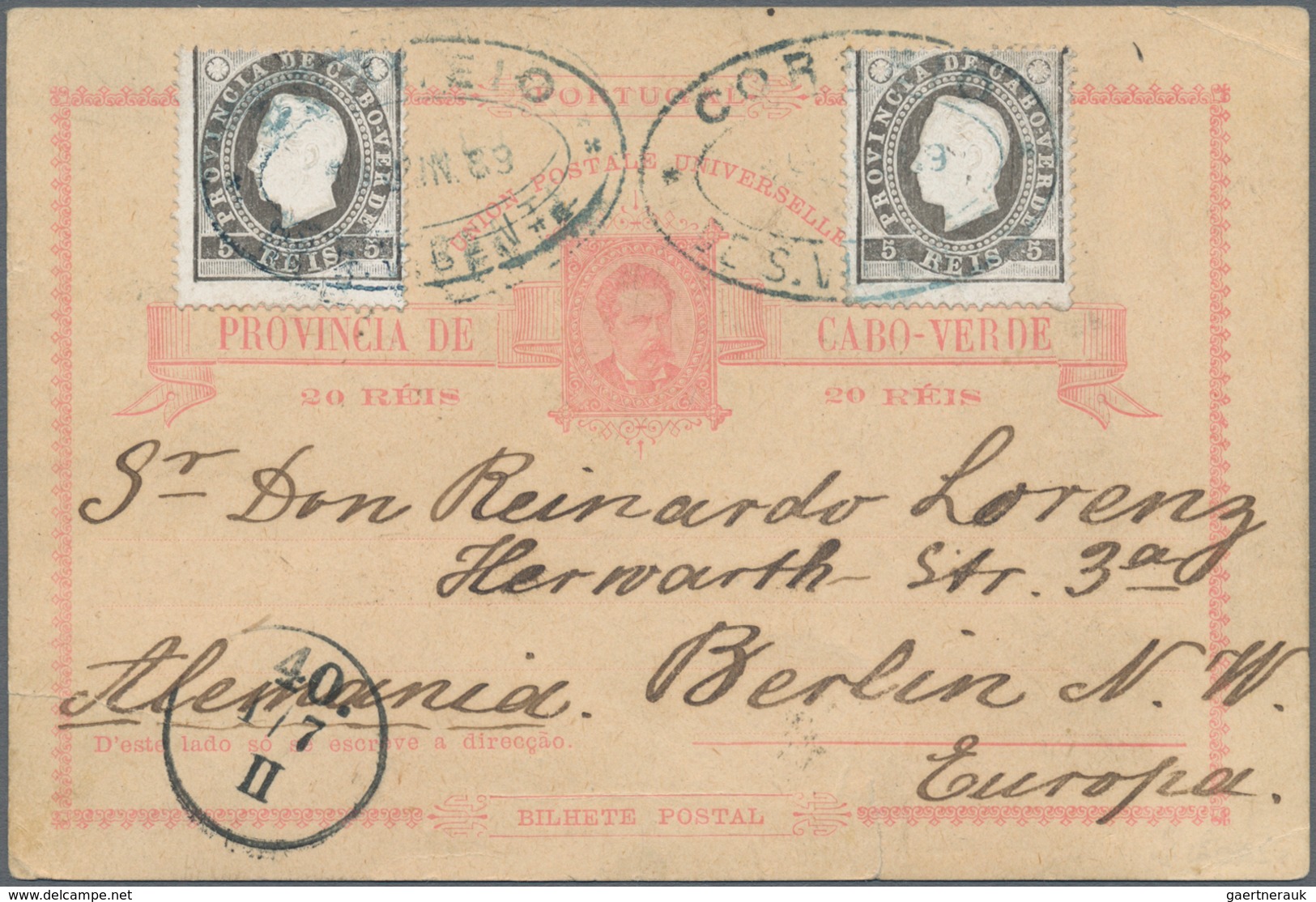 Kap Verde: 1889, Card 20 R. Uprated 5 . (2) Tied Oval "CORREOS DE S. VICENTE 16 JUN 89" To Berlin/Ge - Cape Verde