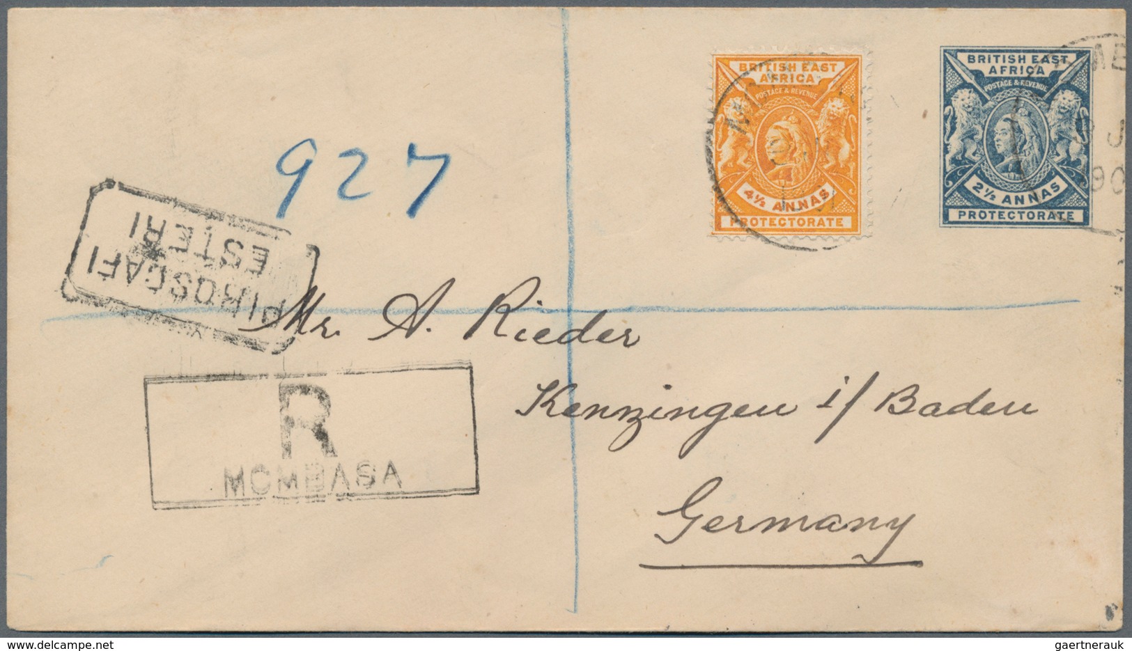 Kenia - Britisch Ostafrika: 1896 Postal Stationery Envelope 2½a. Blue, Uprated 4½a. Orange-yellow, U - Britisch-Ostafrika