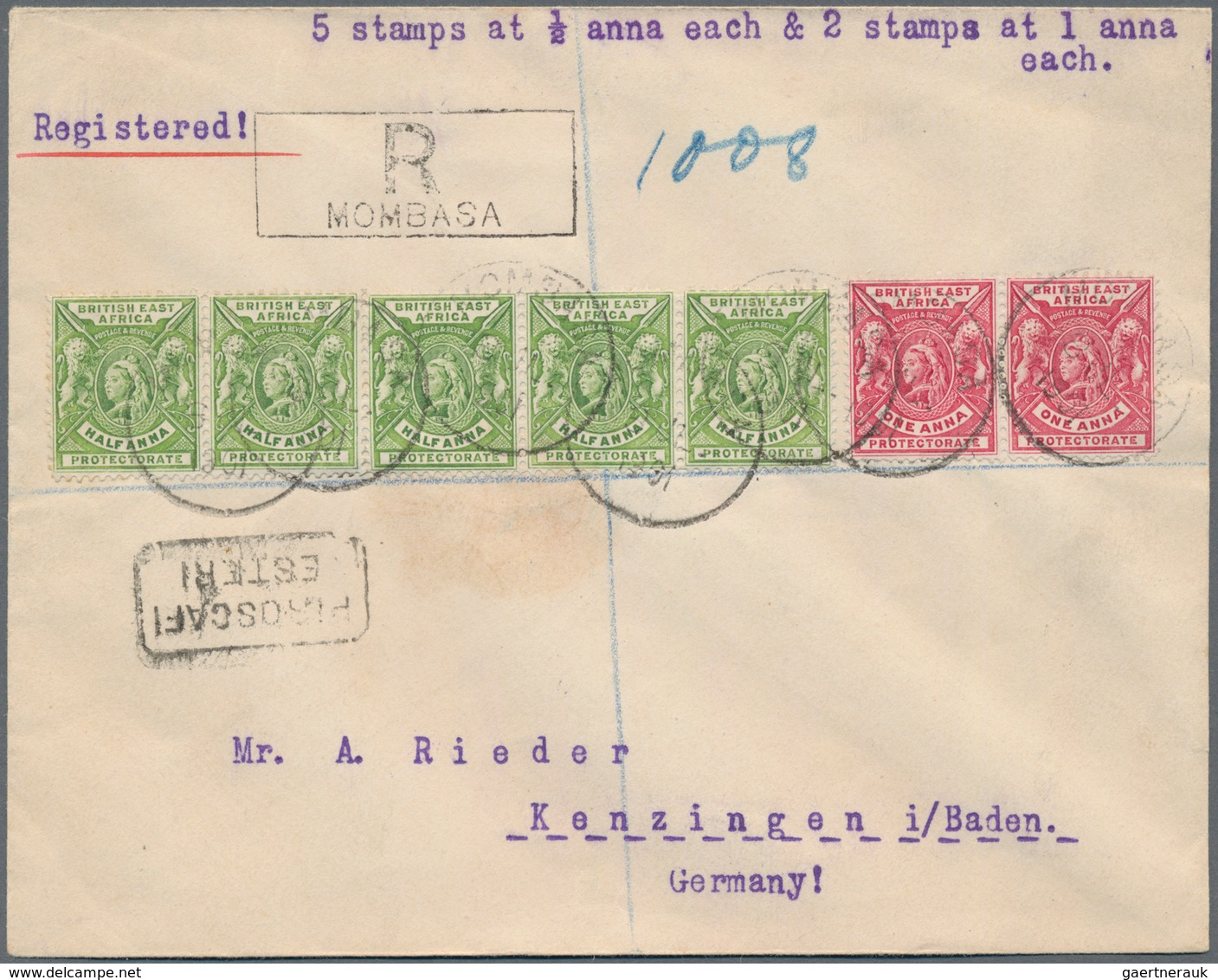 Kenia - Britisch Ostafrika: 1901 Registered Cover Sent From Mombasa To Germany Via Italy In 1901, Fr - British East Africa