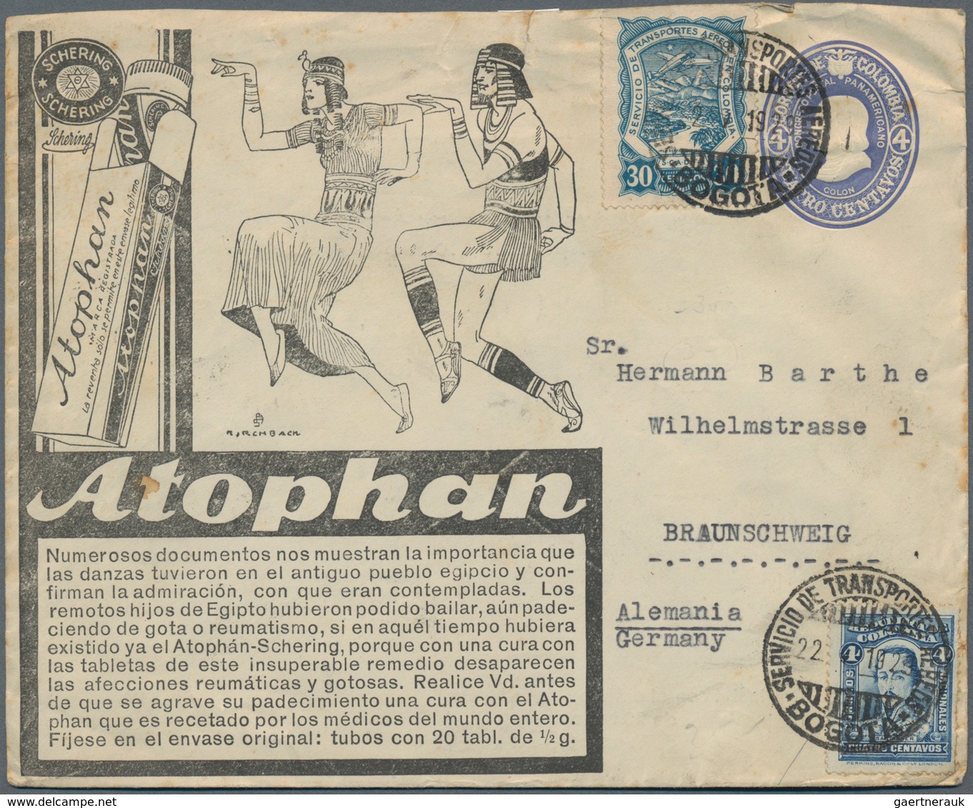 Kolumbien: 1929, Advertising Postal Stationery Envelope (faults) 4 C Blue With Additional Franking ( - Colombia