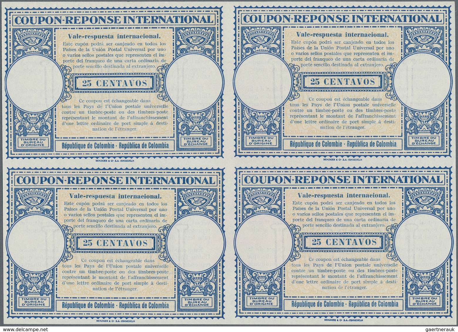 Kolumbien - Ganzsachen: 1947. International Reply Coupon 25 Centavos (London Type) In An Unused Bloc - Colombia