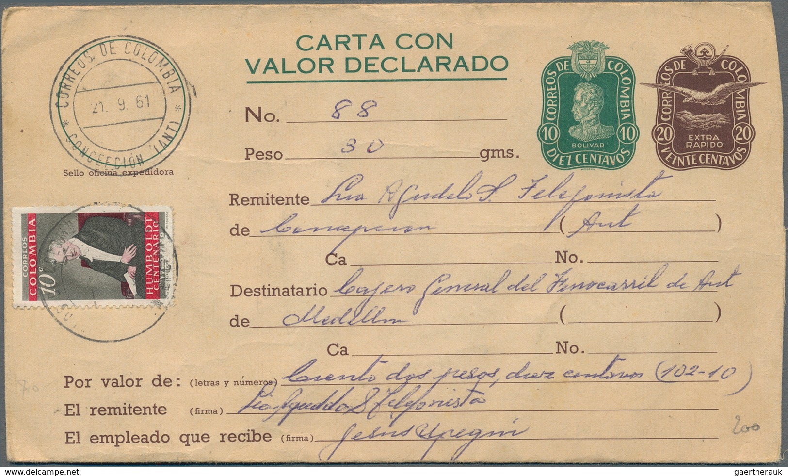 Kolumbien - Ganzsachen: 1961 Postal Stationery Registered Envelope 10+20c. (two Stamps) Used From Co - Colombia