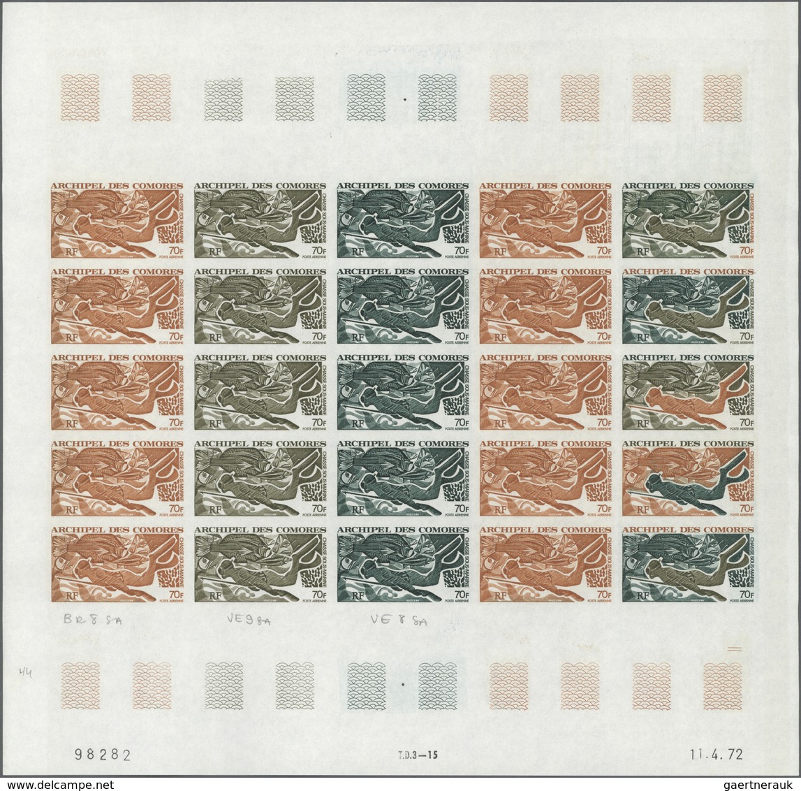 Komoren: 1972. Complete Issue "Underwater Spear-Fishing" (1 Value) In 2 Different Color Proof Sheets - Comoren (1975-...)