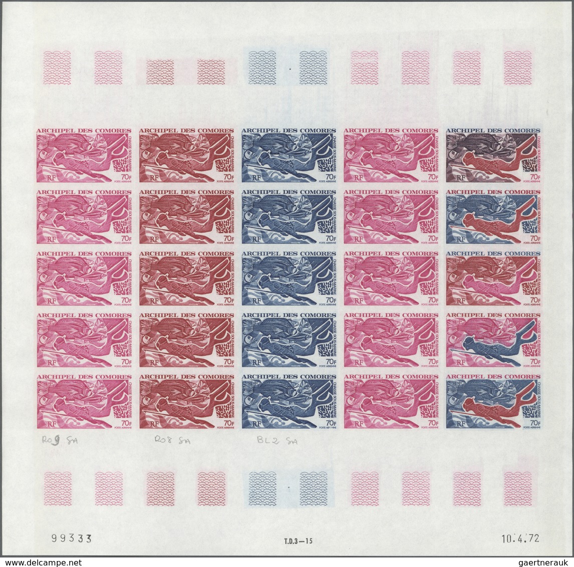 Komoren: 1972. Complete Issue "Underwater Spear-Fishing" (1 Value) In 2 Different Color Proof Sheets - Comoren (1975-...)