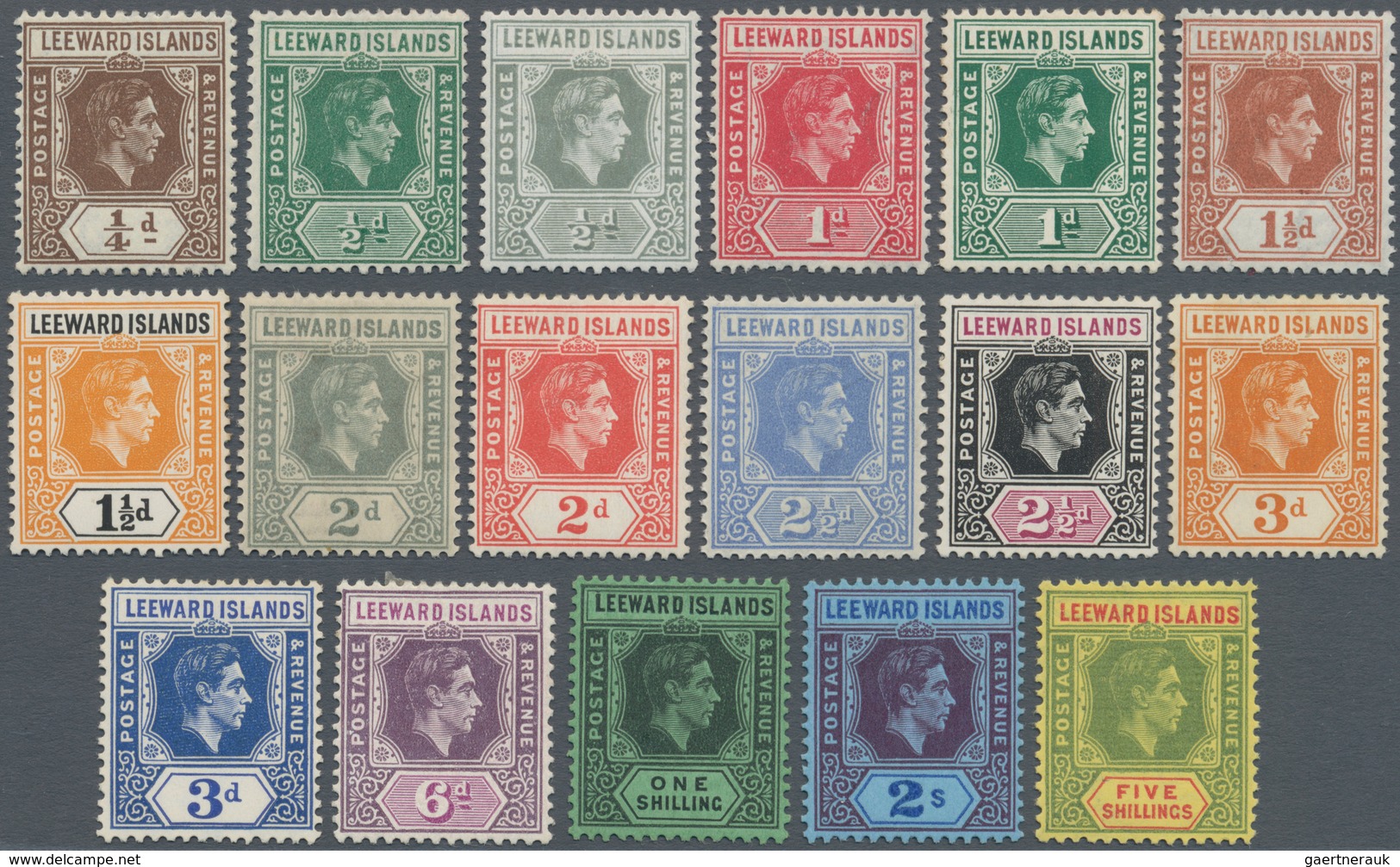 Leeward-Inseln: 1938/1949, KGVI Definitives Complete Set Of 19, Mint Hinged, SG. £ 200 - Leeward  Islands