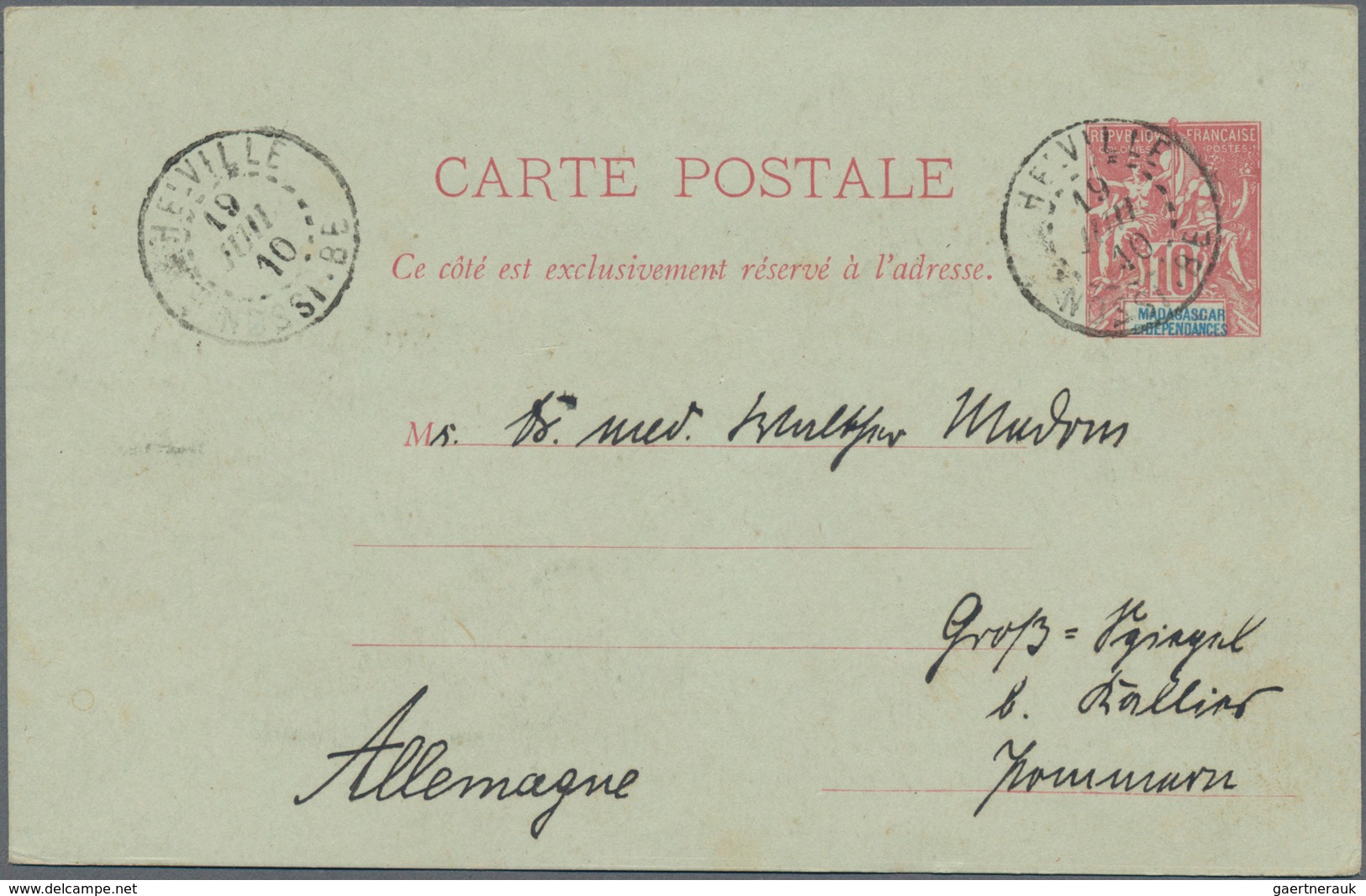 Madagaskar: 1901 Commercially Used Postal Stationery Card 1910 Sent From Helville To Pommern Germany - Other & Unclassified