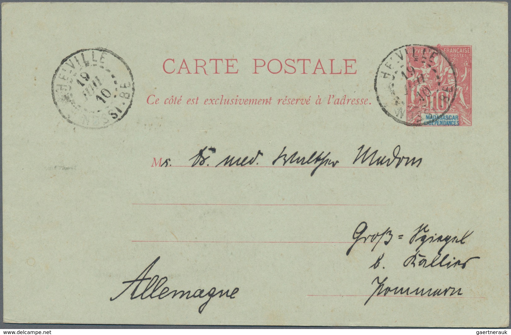 Madagaskar: 1901 Commercially Used Postal Stationery Card 1910 Sent From Helville To Pommern Germany - Andere & Zonder Classificatie