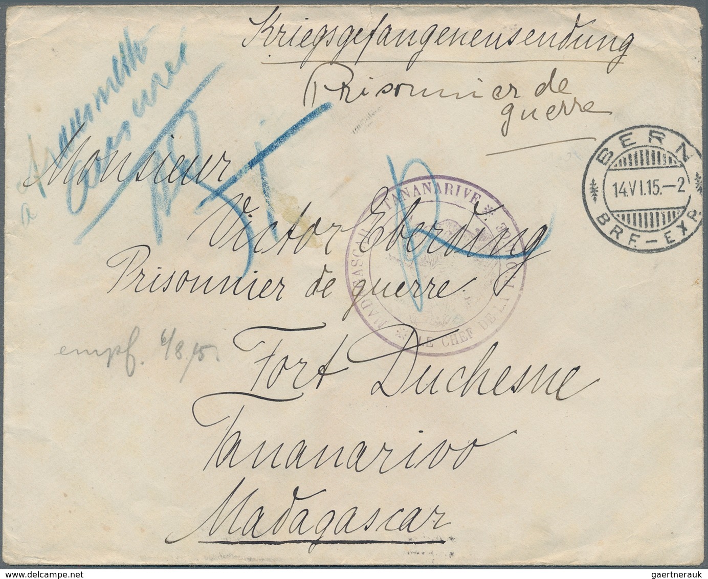 Madagaskar: 1915, Tananarive POW Camp Fort Duchesne: Envelope From Lübeck/Germany Via Swiss Internat - Other & Unclassified