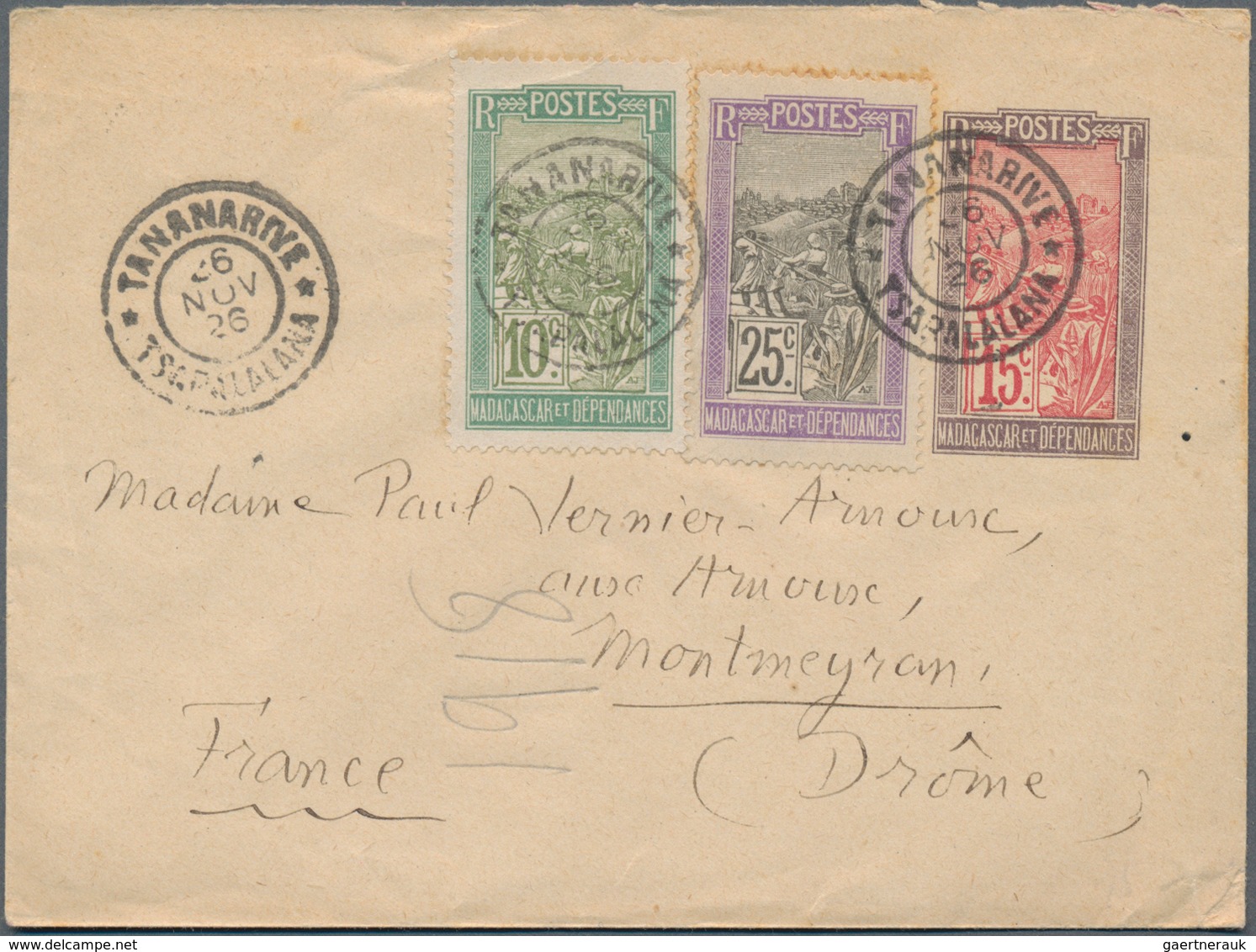 Madagaskar: 1921/33 Three Used Postal Stationery Envelopes, 1926 Uprated With 10c. Green And 25 C. L - Andere & Zonder Classificatie