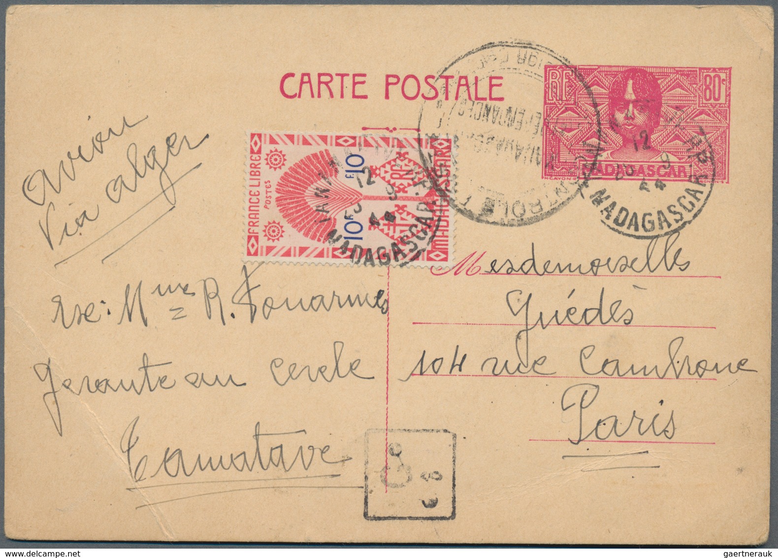 Madagaskar: 1944, 80 C Red Postal Stationery Card With Additional Franking 10 C Red "via Alger" From - Sonstige & Ohne Zuordnung