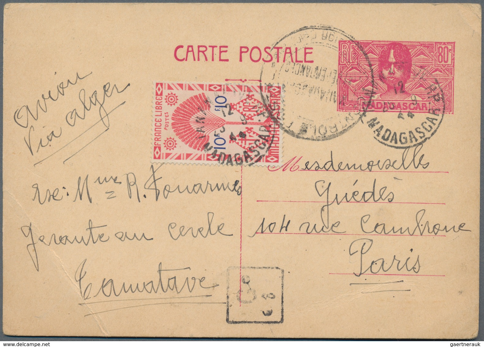 Madagaskar: 1944, 80 C Red Postal Stationery Card With Additional Franking 10 C Red "via Alger" From - Andere & Zonder Classificatie