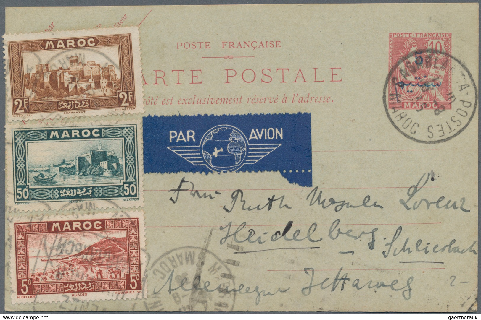 Marokko: 1936: Maroc P/s Card 5c. On 10c., Uprated 2f., 50c. And 5c., Used To Germany Per Airmail. I - Unused Stamps