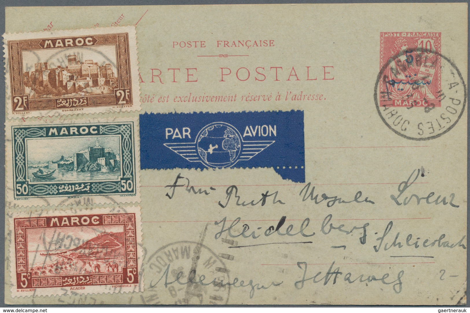 Marokko: 1936: Maroc P/s Card 5c. On 10c., Uprated 2f., 50c. And 5c., Used To Germany Per Airmail. I - Ongebruikt