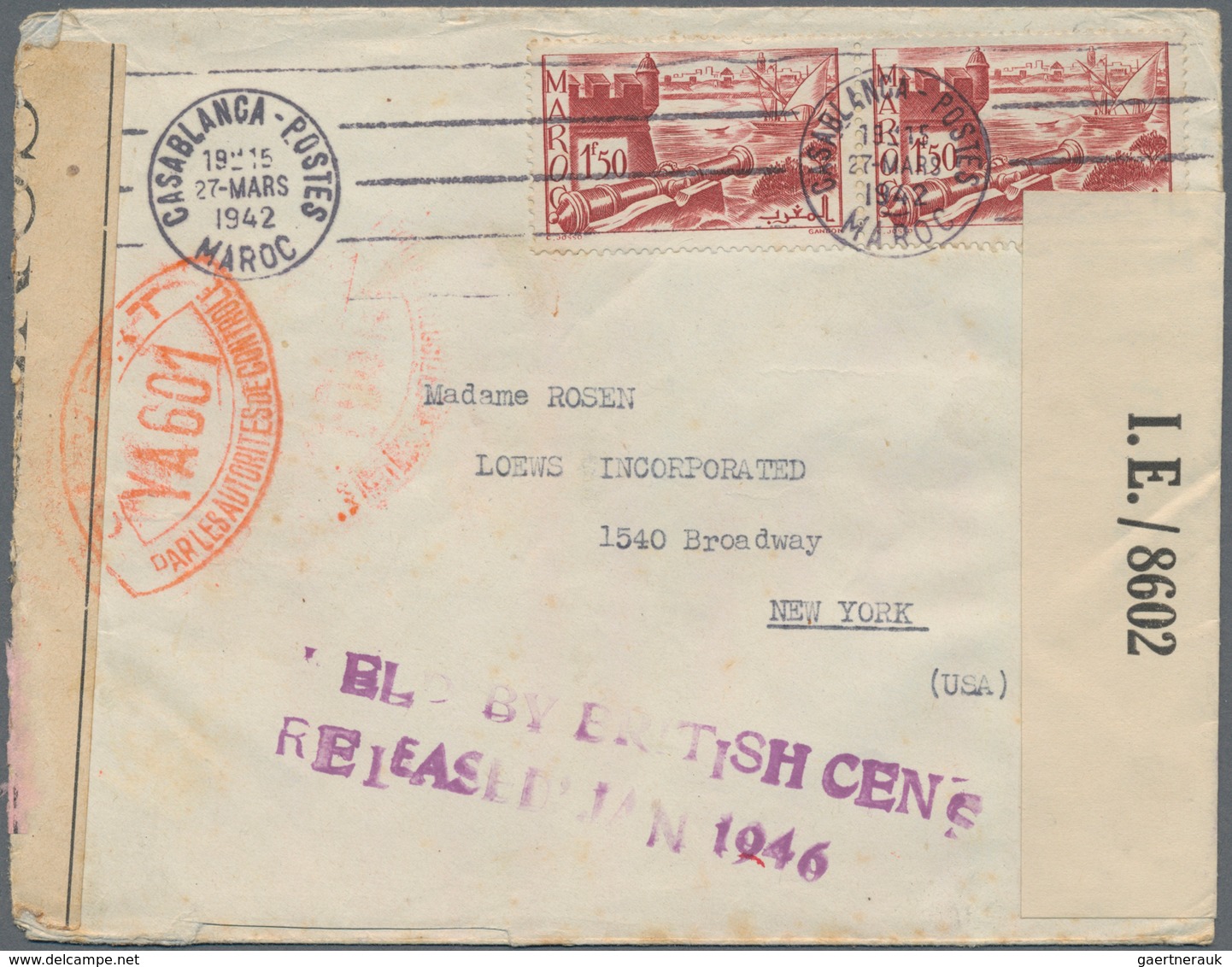 Marokko: 1942, INTERCEPTED MAIL, 1,50 F Red-brown, Horizontal Pair On Cover From CASABLANCA, 27.MARS - Unused Stamps