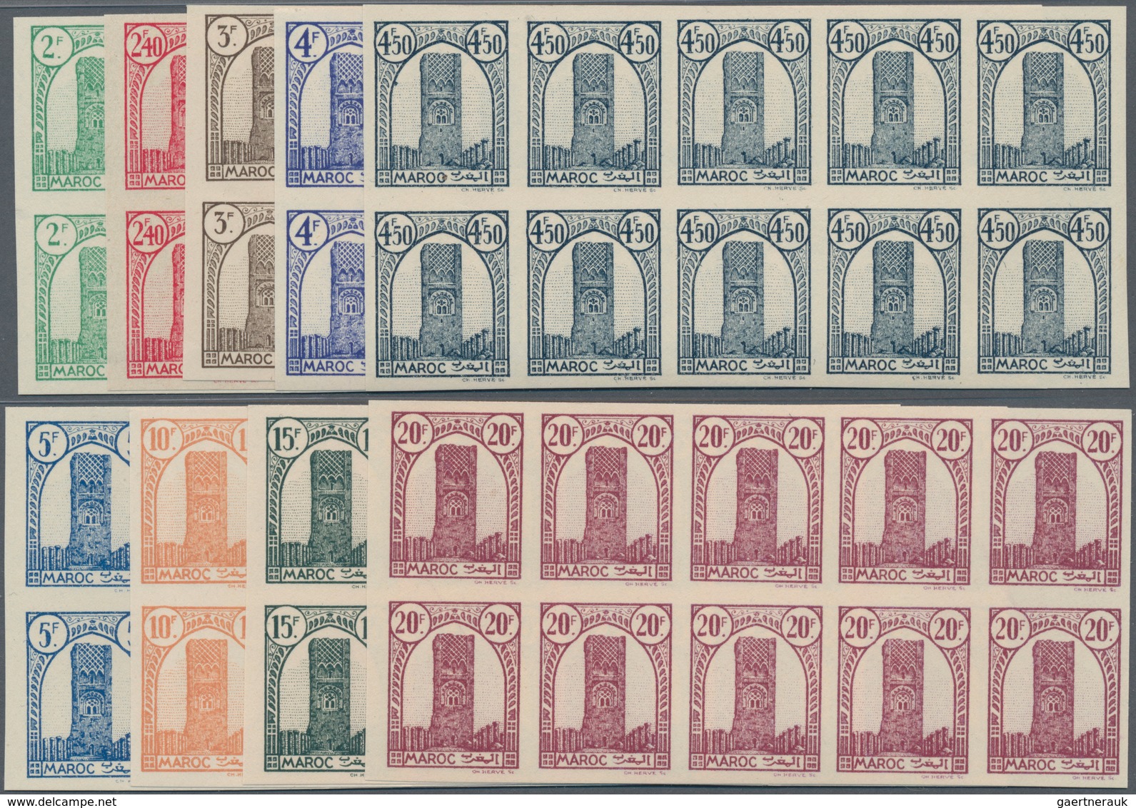 Marokko: 1943/1944, Definitive Issue ‚Hassan Tower Of Rabat‘ Complete Set Of 19 In IMPERFORATE Block - Ongebruikt