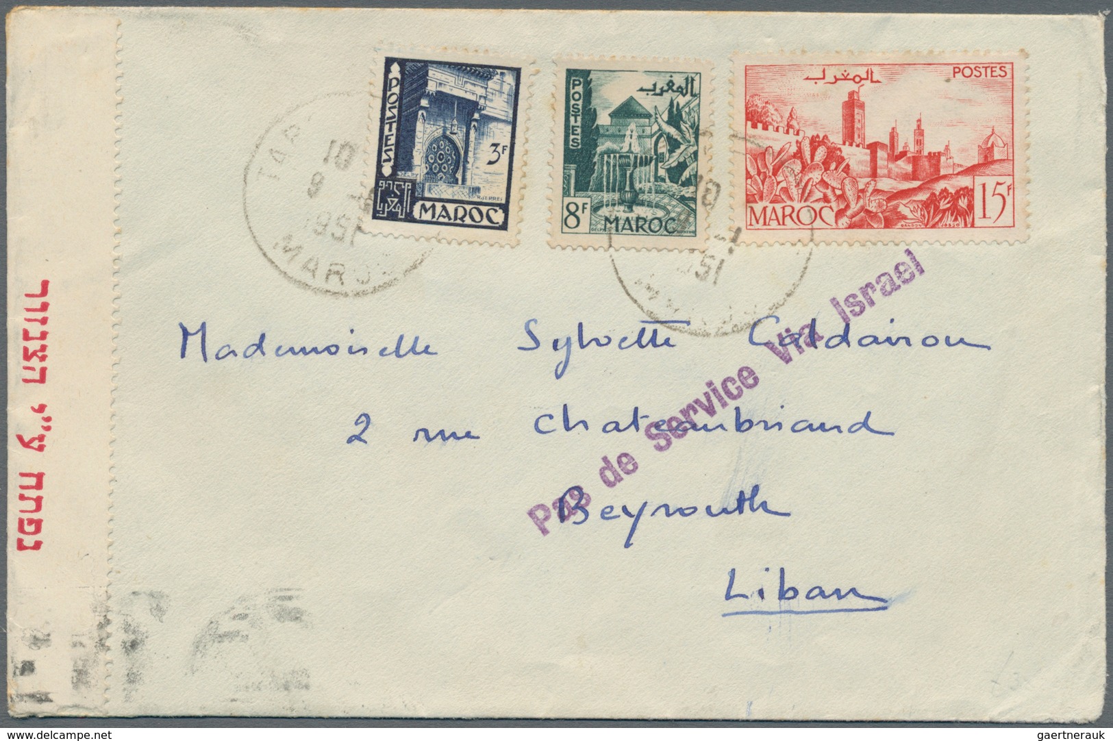 Marokko: 1951, "PAS DE SERVICE VIA ISRAEL", Violet Straight Line On Cover From Morocco 9.1.51 To Bey - Ongebruikt