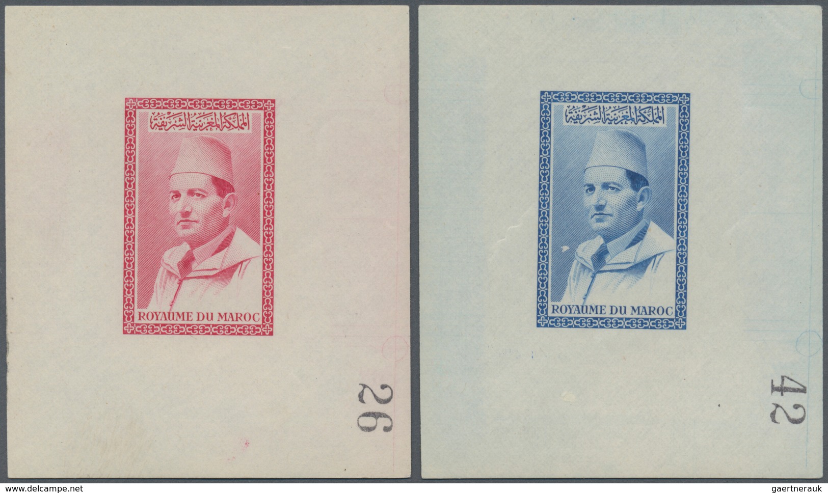 Marokko: 1956/1957. Lot Of 2 Epreuves Showing Unissued Design "Sultan Mohammed" (similar To Sc #1/7) - Unused Stamps