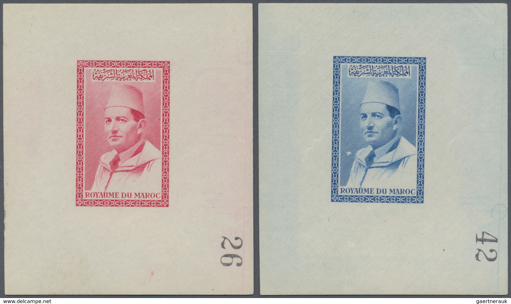 Marokko: 1956/1957. Lot Of 2 Epreuves Showing Unissued Design "Sultan Mohammed" (similar To Sc #1/7) - Ongebruikt