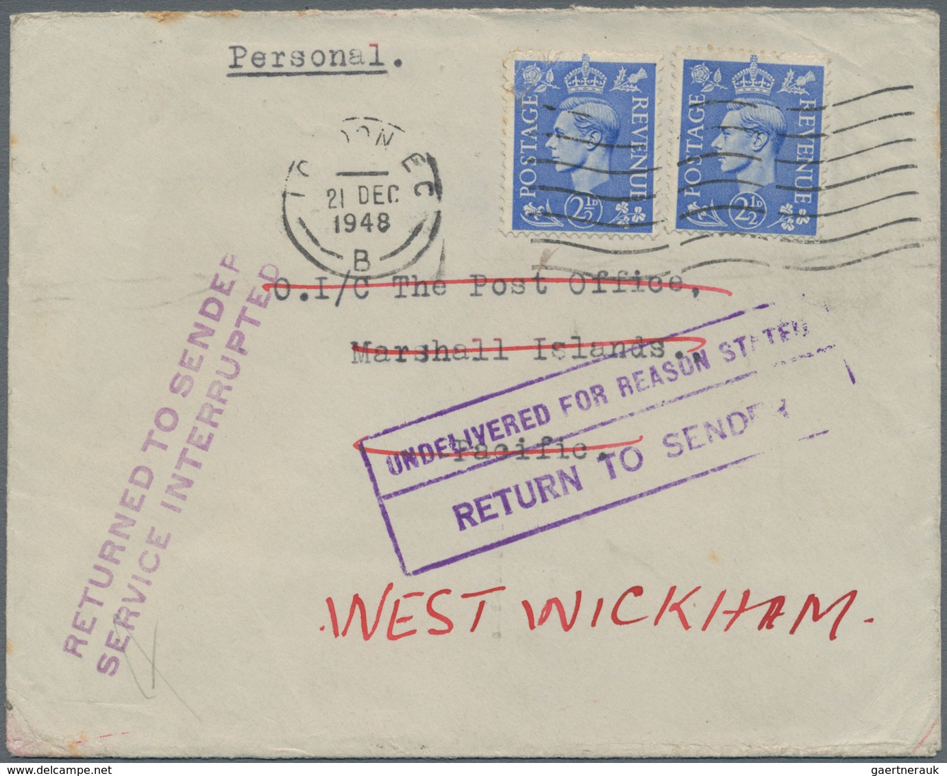 Marshall-Inseln (Republik): 1948, Letter Bearing Two 2½d. Blue (one Stamp Faulty) From "LONDON 21 DE - Marshallinseln