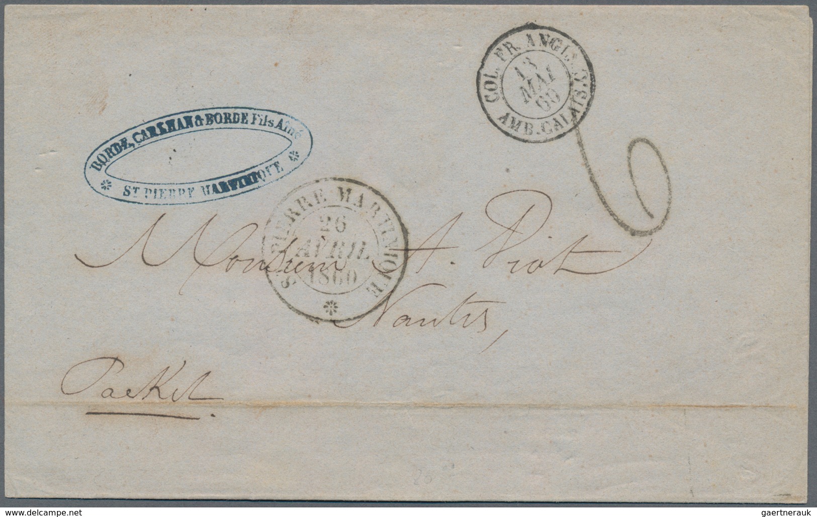 Martinique: 1860 Folded Cover From St. Pierre With Railway Mail TPO Calais Via Paris To Nantes, Hori - Other & Unclassified