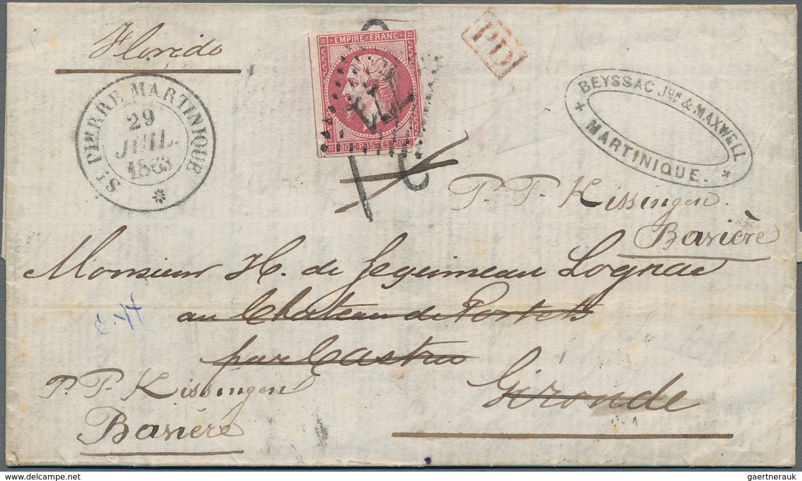 Martinique: 1863 Entire Letter From St. Pierre, Martinique To Gironde, France, Re-directed To Kissin - Andere & Zonder Classificatie