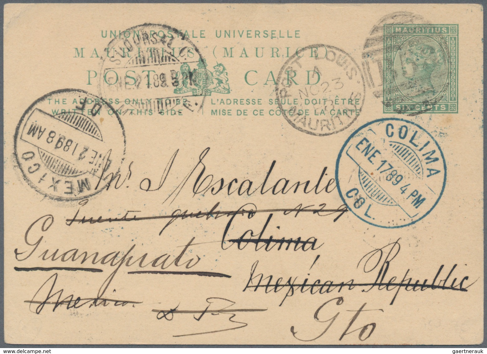 Mauritius: 1889, 6 D Stationery Card With Duplex "PORT LOUIS/B 52" Sent To Colina, Mexico, Redirecte - Mauritius (...-1967)