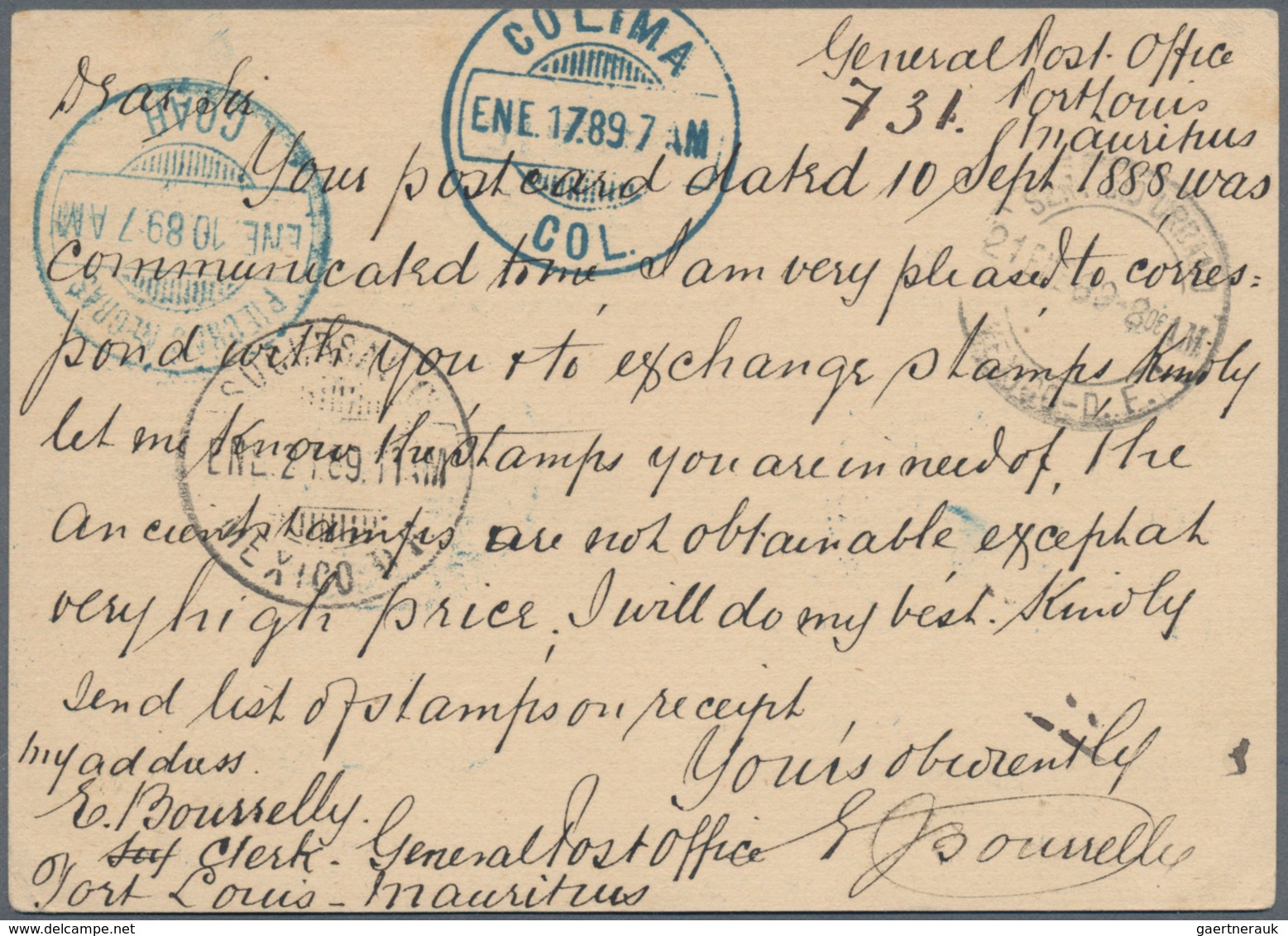 Mauritius: 1889, 6 D Stationery Card With Duplex "PORT LOUIS/B 52" Sent To Colina, Mexico, Redirecte - Mauritius (...-1967)