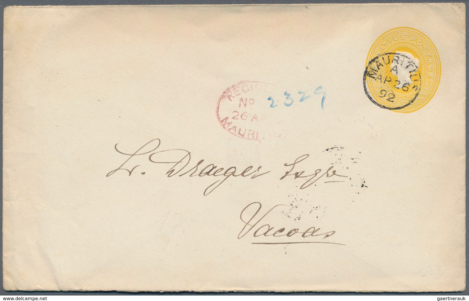 Mauritius: 1892. 50c Yellow Postal Stationery Envelope, Cancelled Mauritius A AP 26 92 And Oval Regi - Mauritius (...-1967)