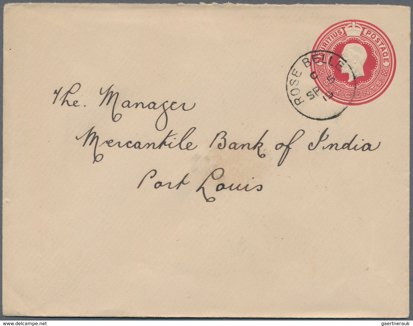 Mauritius: 1919. King George V 6c Carmine Envelope Cancelled Rose Belle C SP 5 19 Addressed To Merca - Mauritius (...-1967)