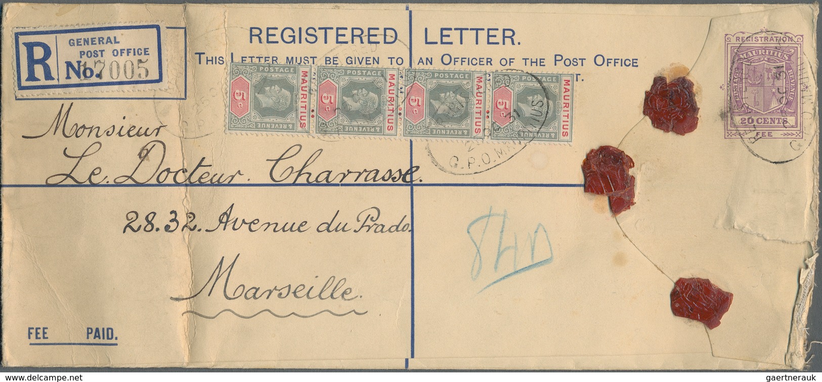 Mauritius: 1931, Registration Envelope 20 C. Uprated KGV 5 C. (strip-4) Tied Oval "REGISTERED G.P.O. - Mauritius (...-1967)