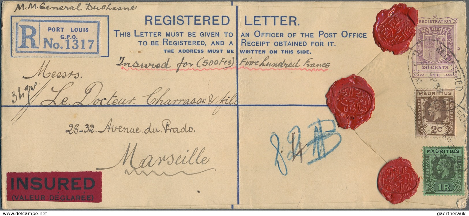 Mauritius: 1932, Registration Envelope 20 C. Uprated KGV 1 R., 2 C. Tied Oval "REGISTERED G.P.O. MAU - Mauritius (...-1967)