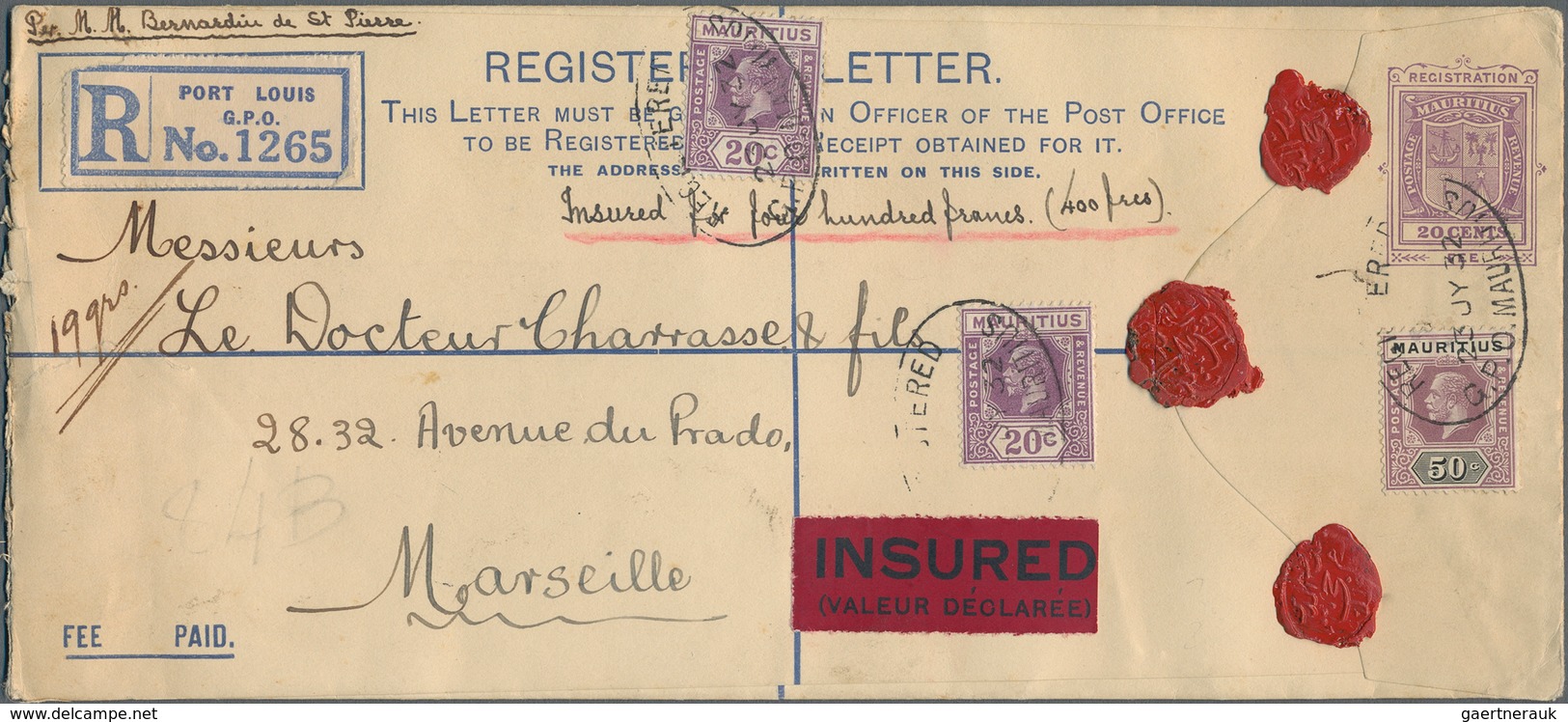 Mauritius: 1932, Registration Envelope 20 C. Uprated KGV 20 C. (2) Tied Oval "REGISTERED G.P.O. MAUR - Mauricio (...-1967)