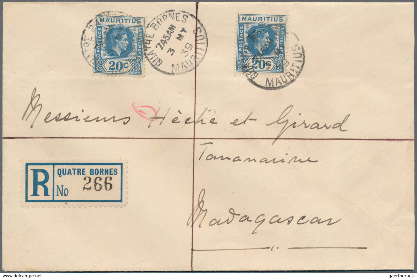 Mauritius: 1939 Registered Cover From Quatre Bornes To Tananarive, Madagascar Franked By Two Singles - Mauritius (...-1967)