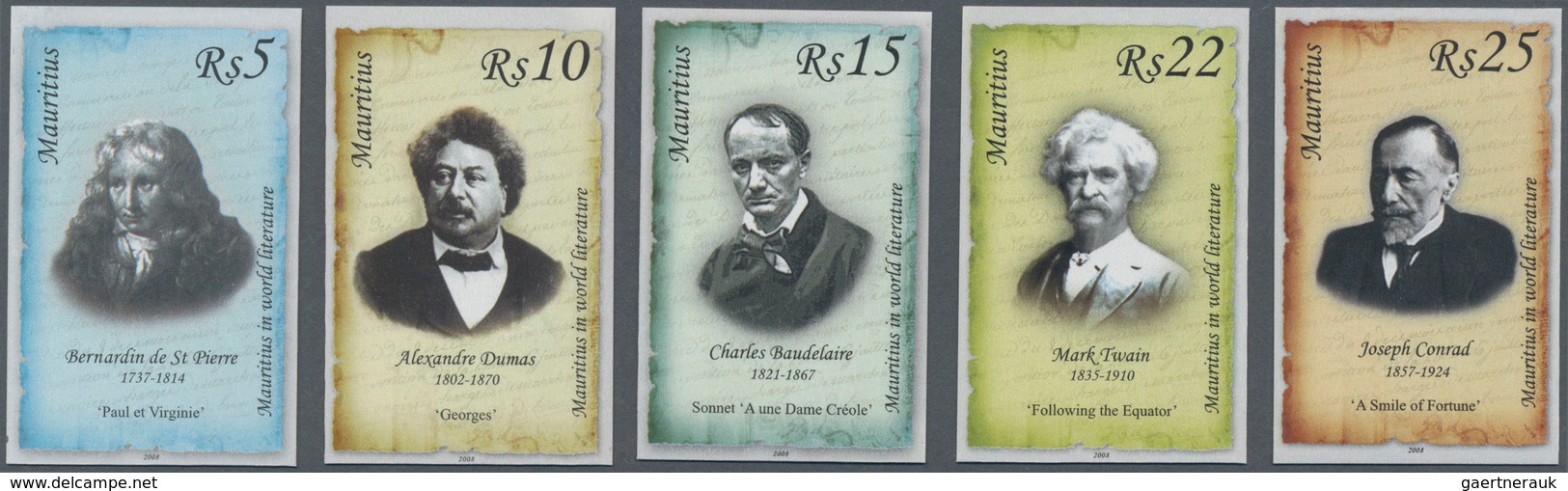 Mauritius: 2008. Complete Set "Writers" (5 Vakues) In IMPERFORATE Single Stamps Showing B. De St Pie - Mauricio (...-1967)