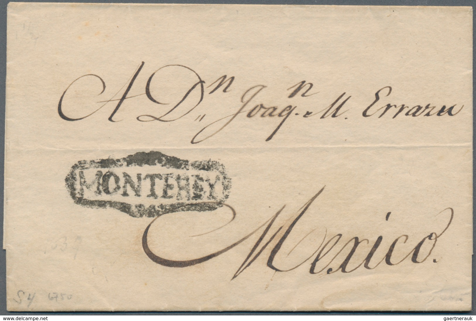 Mexiko: 1839, "MONTEREY" Ideal Buckle Cancel On Folded Letter To Mexico Without Text - Mexico