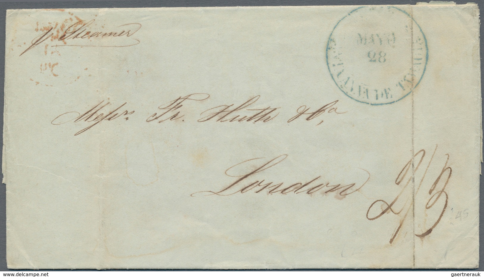 Mexiko: 1845, Folded Letter With Blue Cds "FRANCO SANTA ANNA DE TAMALIS MAYO 28" And Red BPO "TAMPIC - Mexico