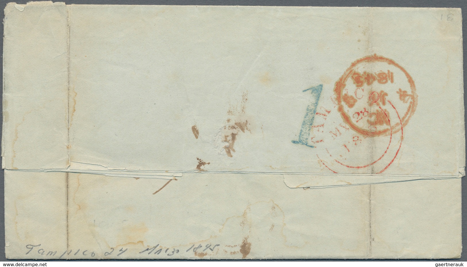 Mexiko: 1845, Folded Letter With Blue Cds "FRANCO SANTA ANNA DE TAMALIS MAYO 28" And Red BPO "TAMPIC - Mexico