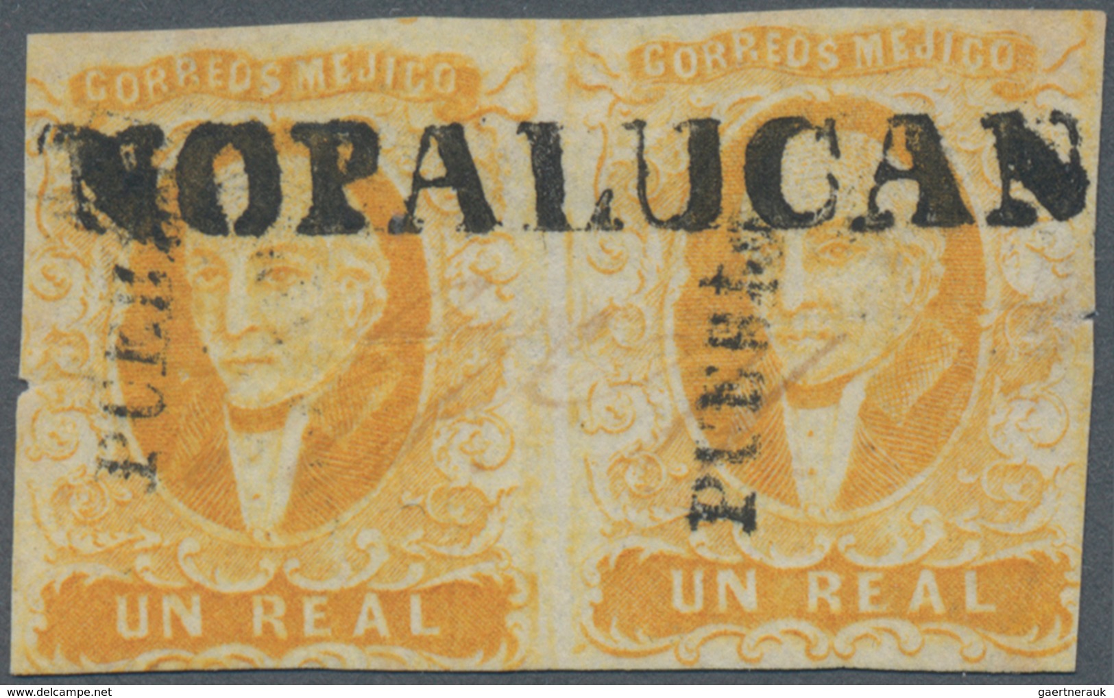 Mexiko: 1856, 1 Real Yellow-orange Horizontal Pair With Overprint PUEBLA Cancelled With One-liner "N - Mexico