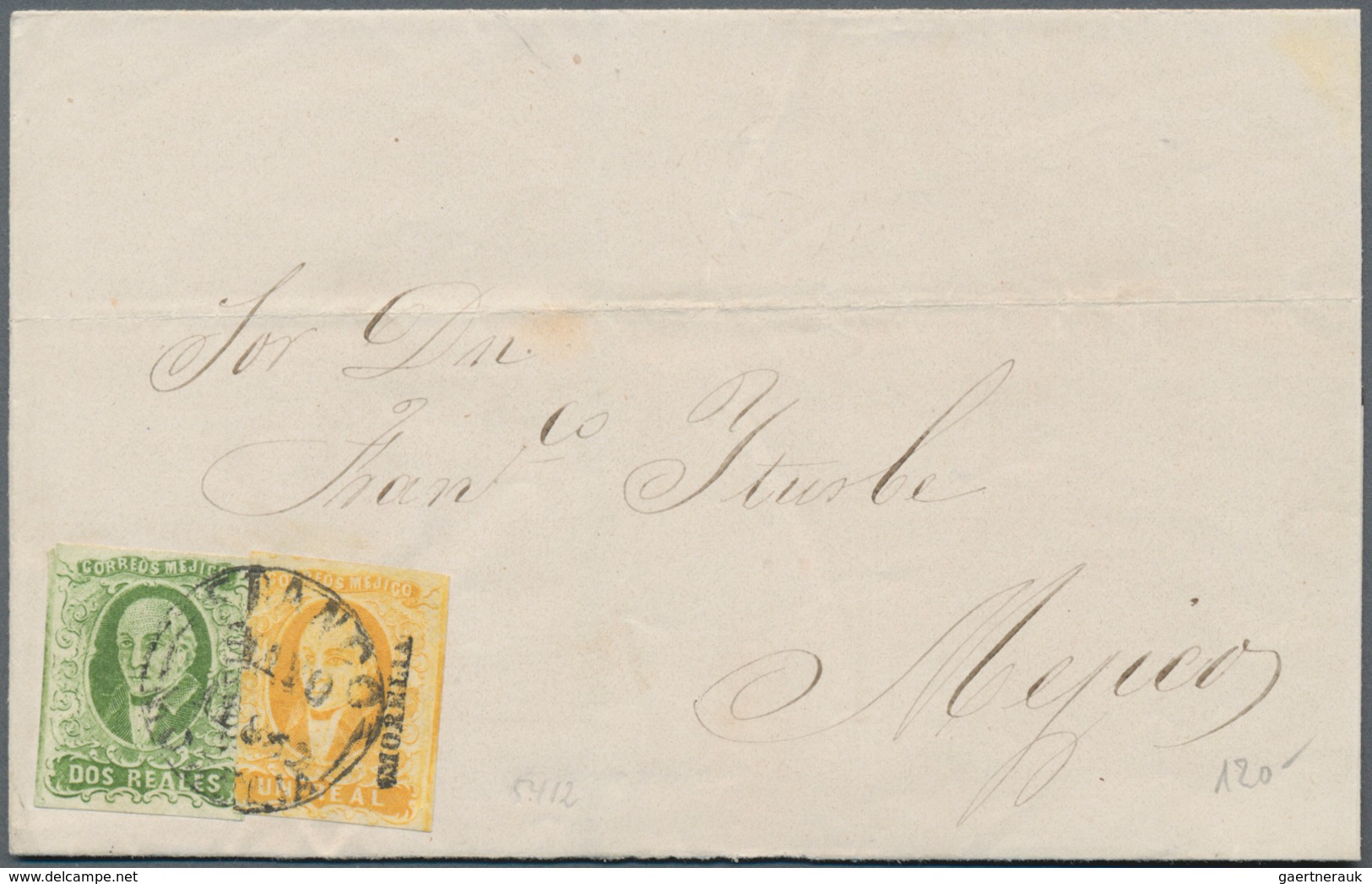 Mexiko: 1857, 1 R Yellow And 2 R Green Mixed Franking Tied By Centric Circle Cancel "FRANCO MORELIA" - Mexico