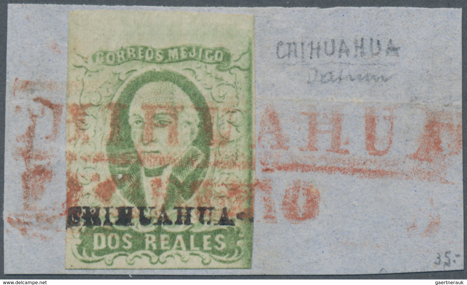 Mexiko: 1856, 2 R Emerald Green With Overprint CHIHUAHUA Single Franking Cancelled With Red Frame Po - Mexico