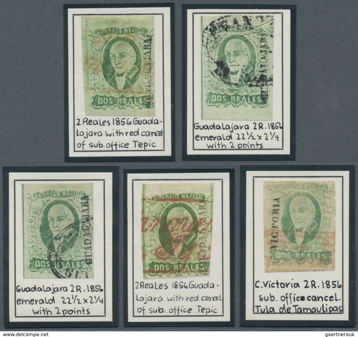 Mexiko: 1856, 2 Reales Emerald And Sapphire Green Cancelled - Five Stamps Plate I, I.a. Two Red Post - Mexico