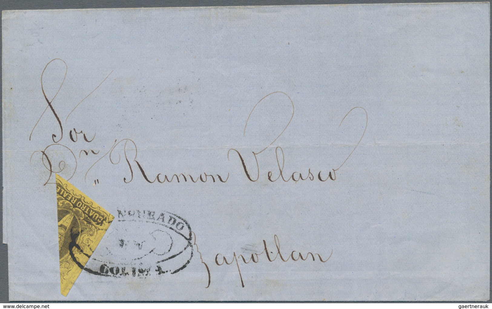 Mexiko: 1861 'Hidalgo' 4r. Black On Yellow Used Diagonally BISECTED On Folded Cover From Colima To Z - Mexique