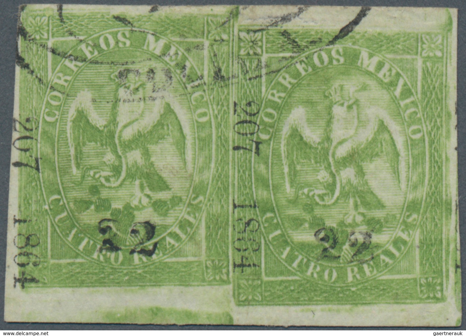 Mexiko: 1864, 4 Reales Eagle Horizontal Pair With No. 207-1864 Guadalajara And Sub-no. 22 For COLIMA - Mexico