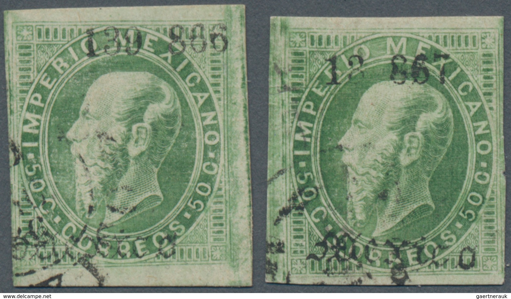Mexiko: 1866/1867, 50 C Green Two Used Stamps With Full Margins And Overprint 139-866 And 13-867 MEX - Mexico