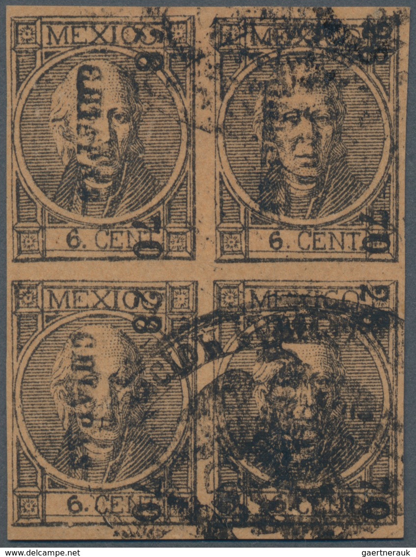 Mexiko: 1868, 6 C Black On Brown Thick Digits In Block Of Four With Overprint 28-7 CHIAPAS And Eagle - Mexico