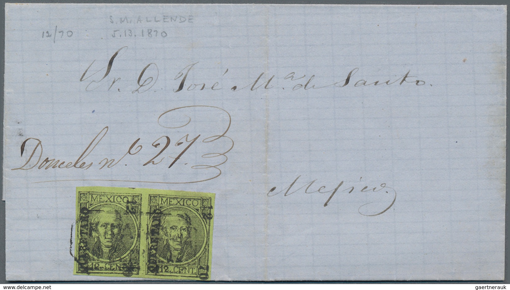 Mexiko: 1870/1871, 25 C Black On Green Pair And 12 C Blue With Overprint 12-70 (71) QUERETARO And Ra - Mexiko