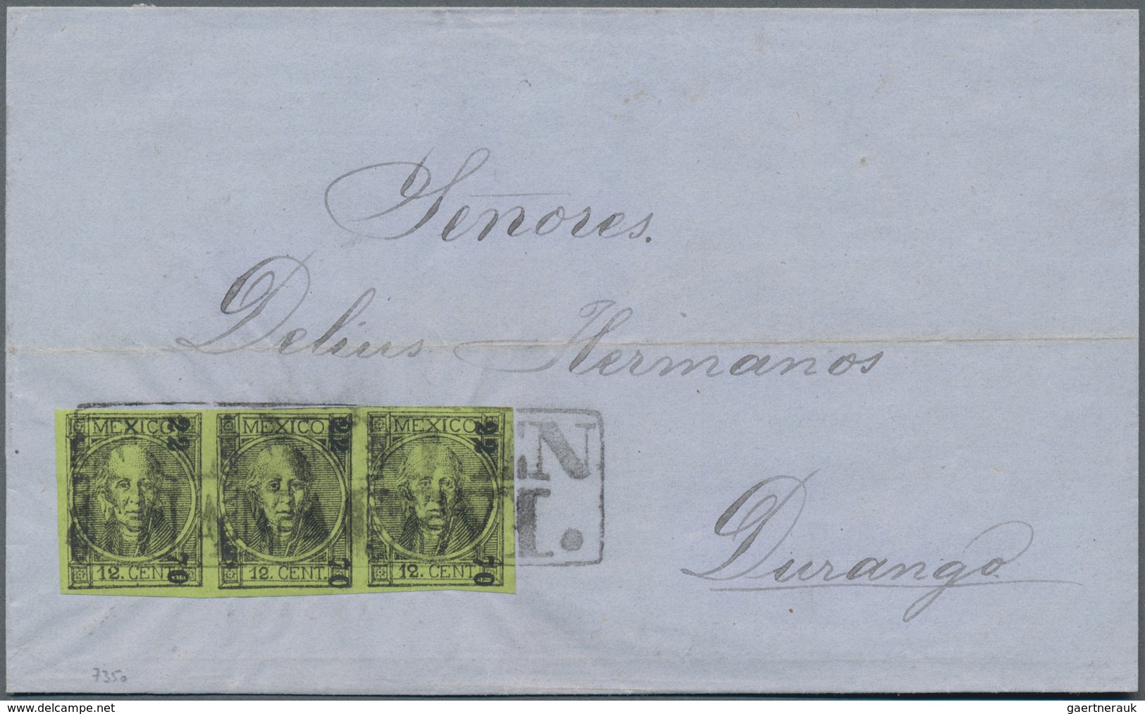 Mexiko: 1870, 12 C Black On Green With Overprint 22-70 DURANGO Horizontal Stripe Of Three Tied By Fr - Mexico