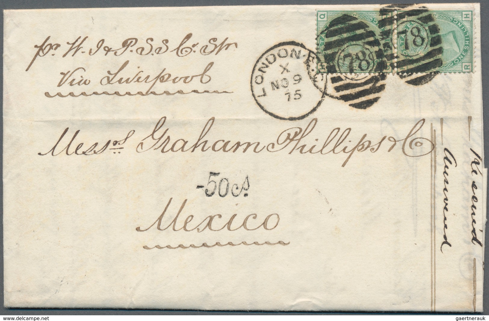 Mexiko: 1875, Incoming Mail With 1 Shilling Green Vertical Pair From London Via Liverpool To Mexico - Mexico