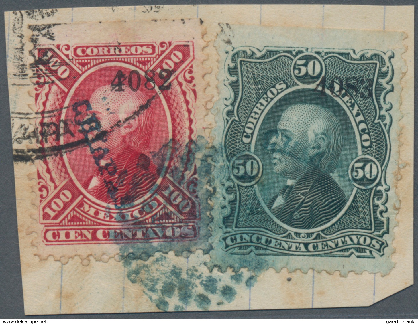 Mexiko: 1882, 50 C And 100 C Hidalgo With Overprint 4082 CHIAPAS On Piece, Cancelled With Blue Dot H - Mexico