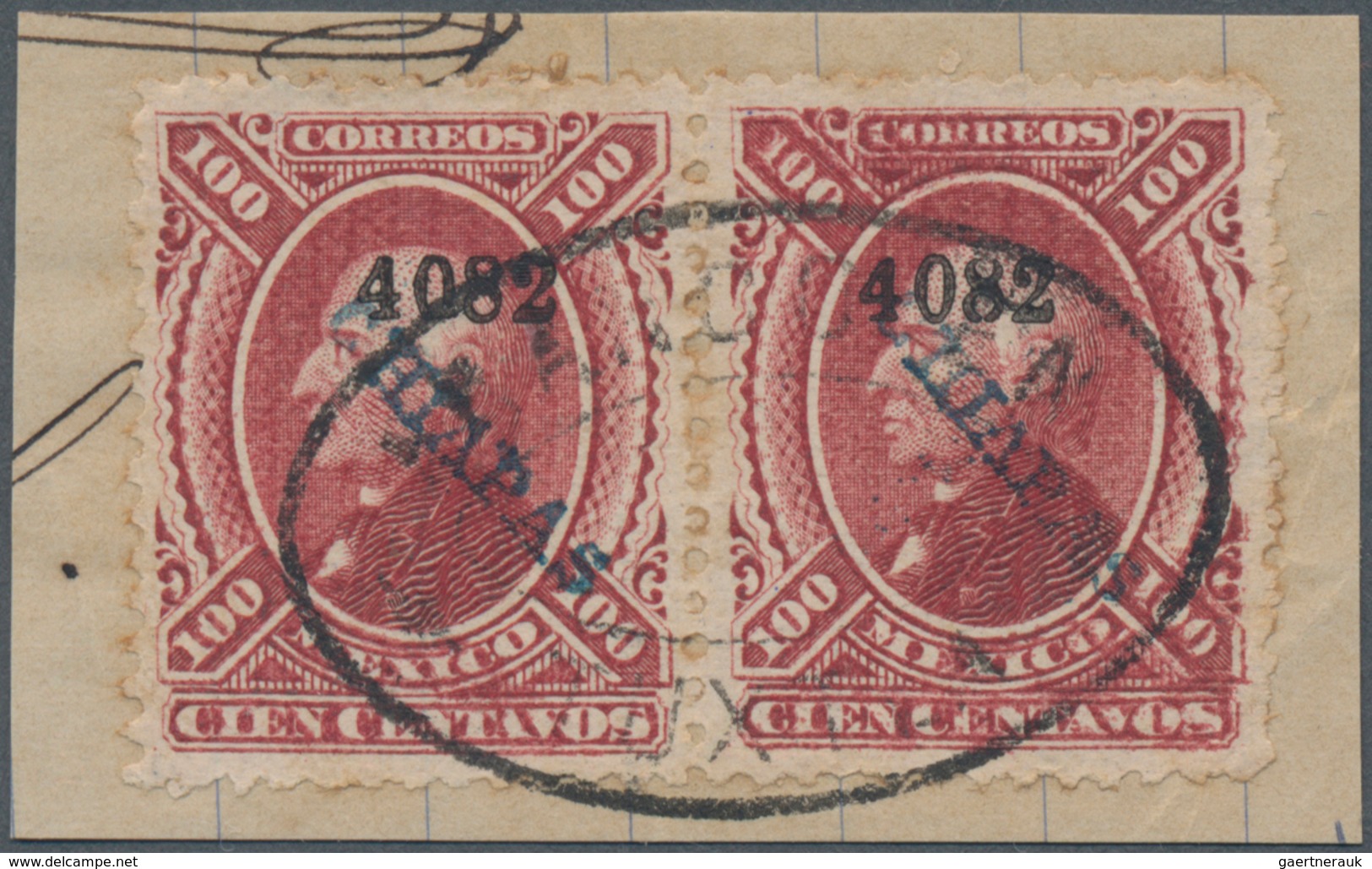 Mexiko: 1882, 100 C Hidalgo Horizontal Pair With Overprint 4082 And CHIAPAS Tied By Oval Cancel FRAN - Mexico